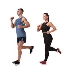 Image of Athletic man and woman in sportswear running on white background