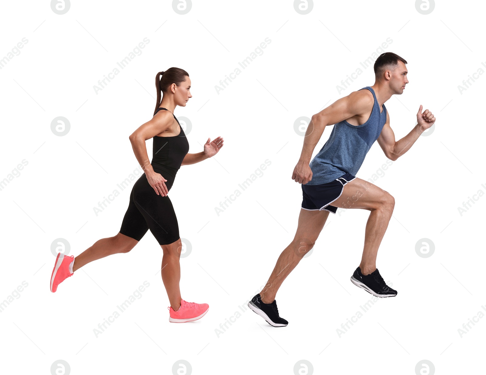 Image of Athletic man and woman in sportswear running on white background