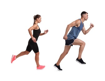 Image of Athletic man and woman in sportswear running on white background