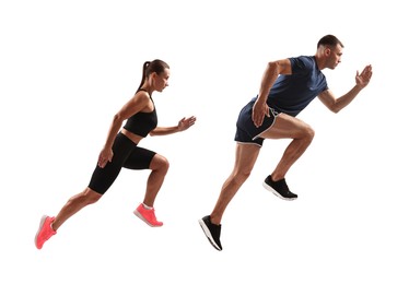 Image of Athletic man and woman in sportswear running on white background