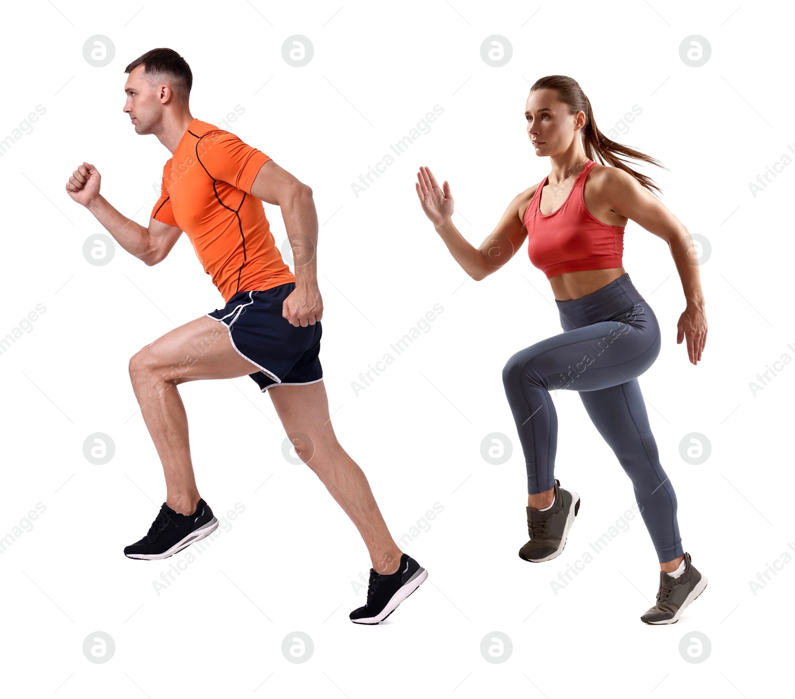 Image of Athletic man and woman in sportswear running on white background