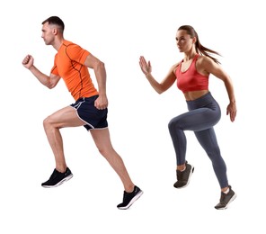 Image of Athletic man and woman in sportswear running on white background