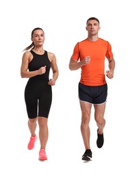 Image of Athletic man and woman in sportswear running on white background