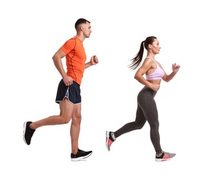 Image of Athletic man and woman in sportswear running on white background