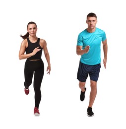 Image of Athletic man and woman in sportswear running on white background