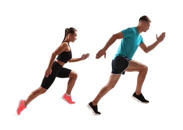 Image of Athletic man and woman in sportswear running on white background