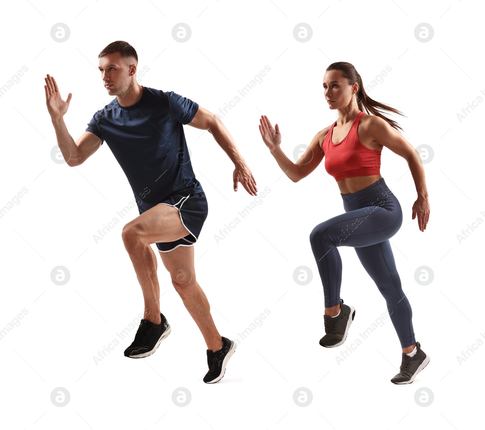 Image of Athletic man and woman in sportswear running on white background