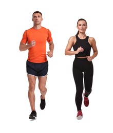 Athletic man and woman in sportswear running on white background