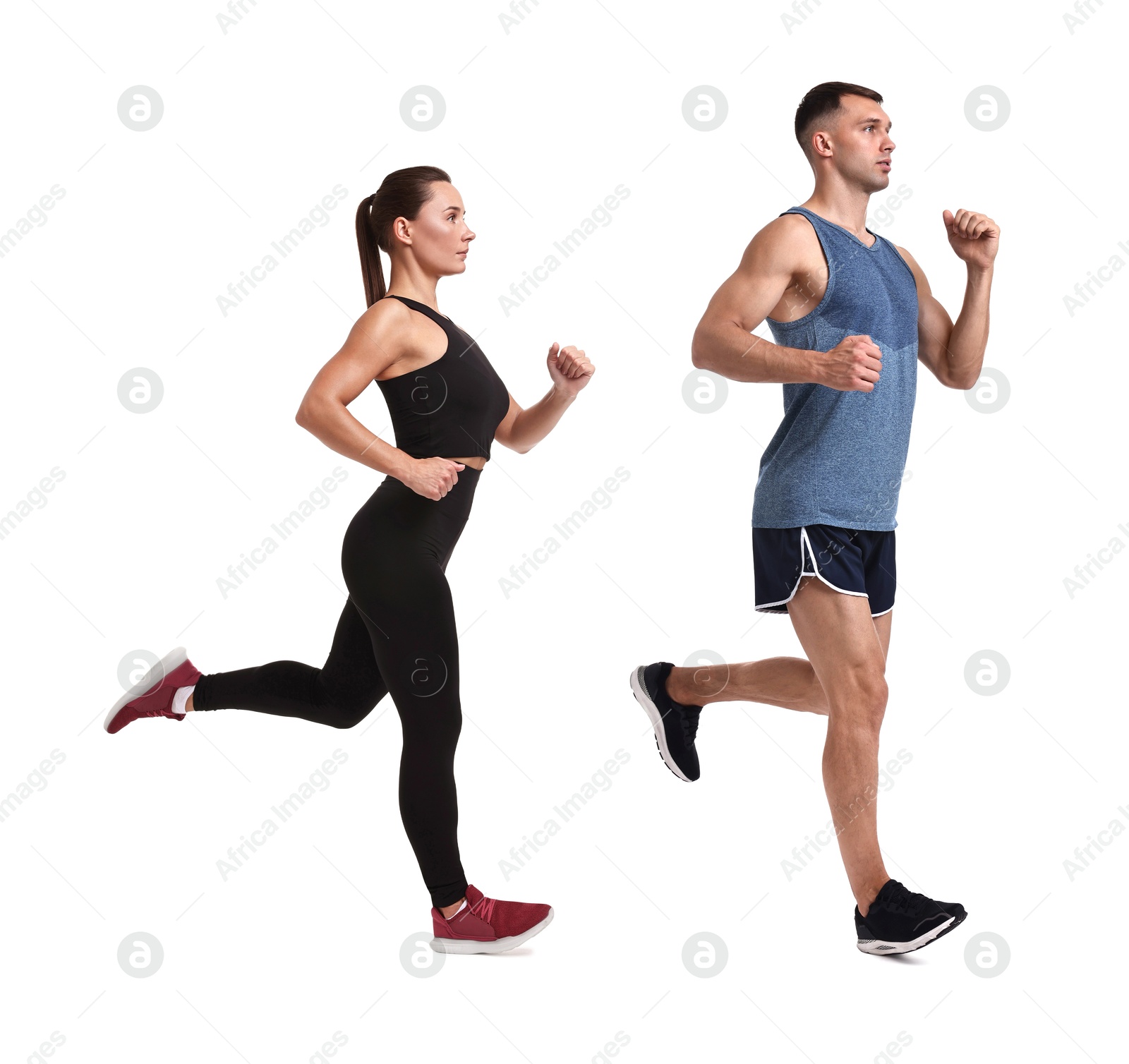 Image of Athletic man and woman in sportswear running on white background