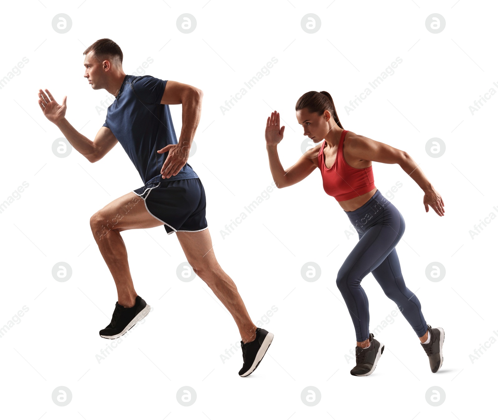 Image of Athletic man and woman in sportswear running on white background