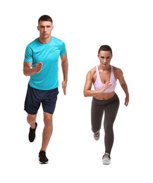 Image of Athletic man and woman in sportswear running on white background