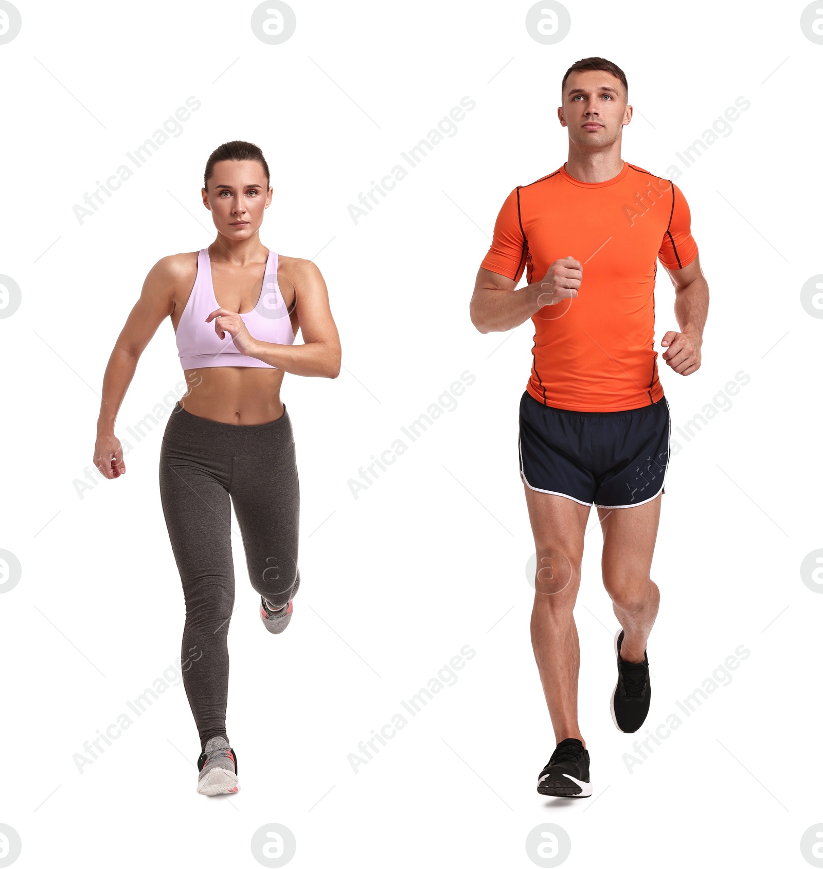 Image of Athletic man and woman in sportswear running on white background