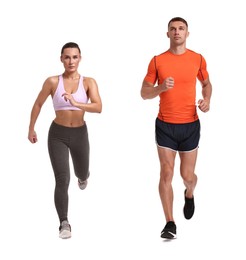 Image of Athletic man and woman in sportswear running on white background