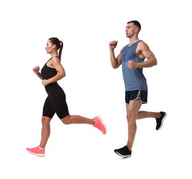 Image of Athletic man and woman in sportswear running on white background