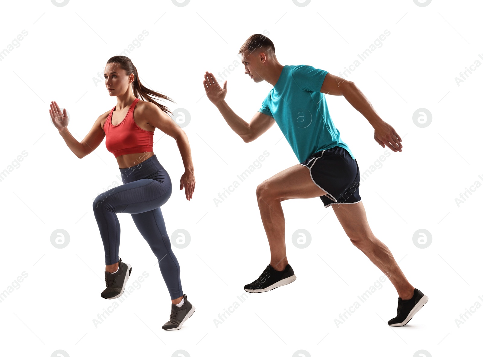 Image of Athletic man and woman in sportswear running on white background