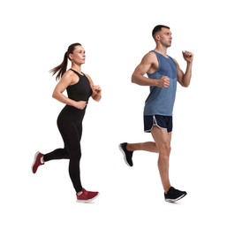 Image of Athletic man and woman in sportswear running on white background