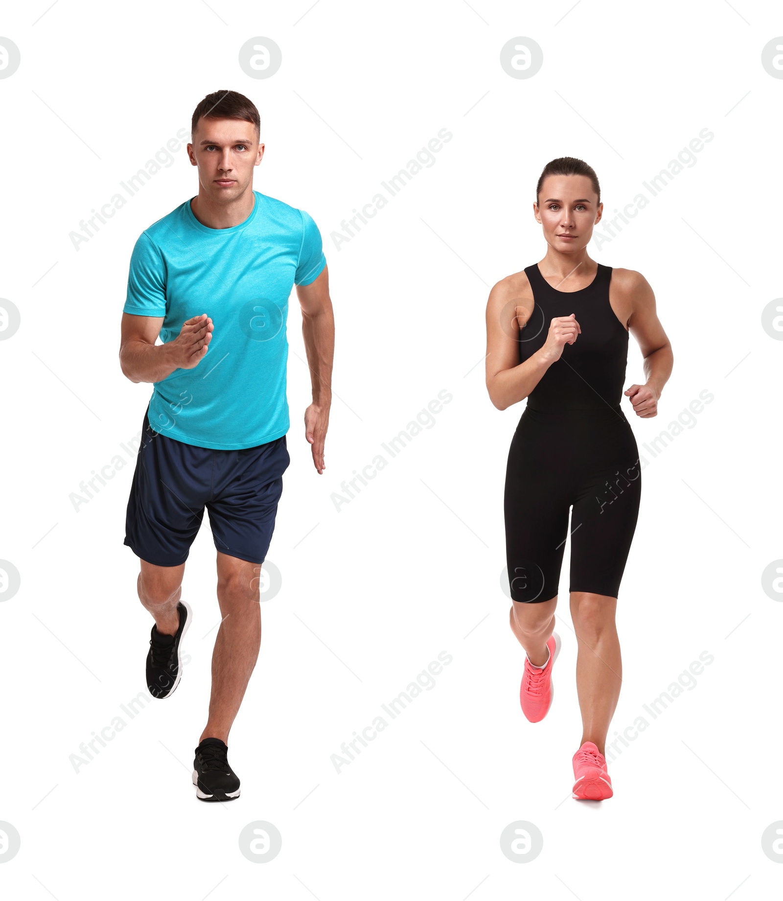 Image of Athletic man and woman in sportswear running on white background