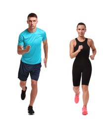 Image of Athletic man and woman in sportswear running on white background