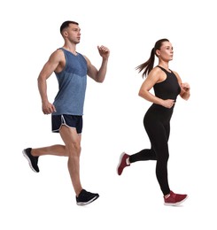 Image of Athletic man and woman in sportswear running on white background