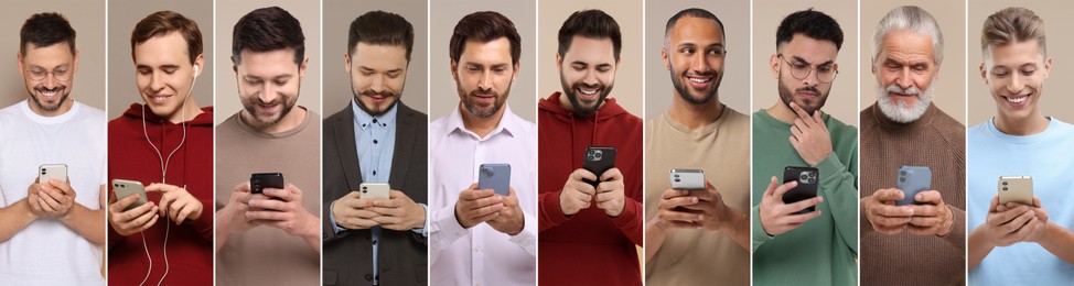 Different men with mobile phones on color background, collage. Modern technology