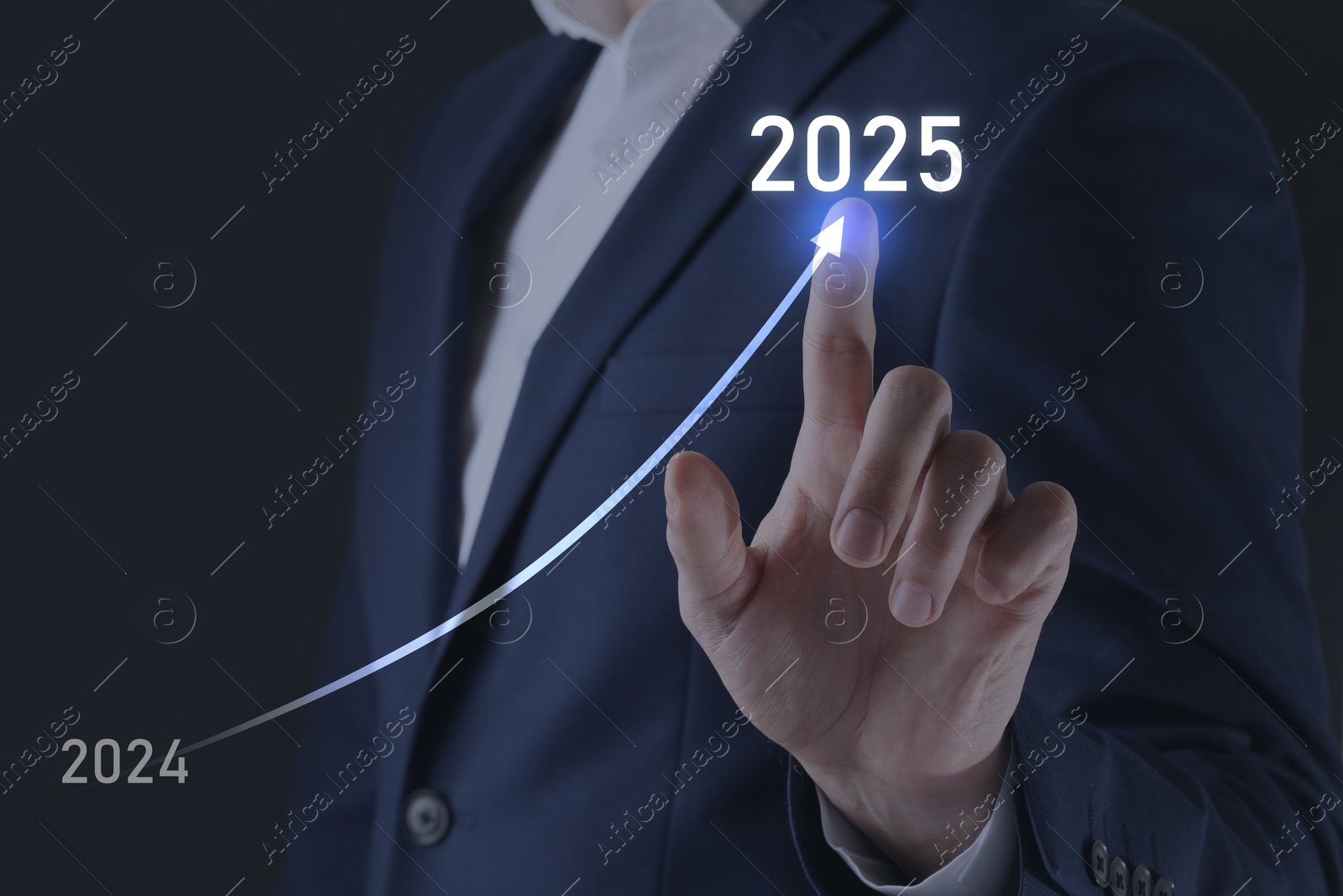 Image of New year goals. Businessman touching line leading from 2024 to 2025 on virtual screen against black background, closeup