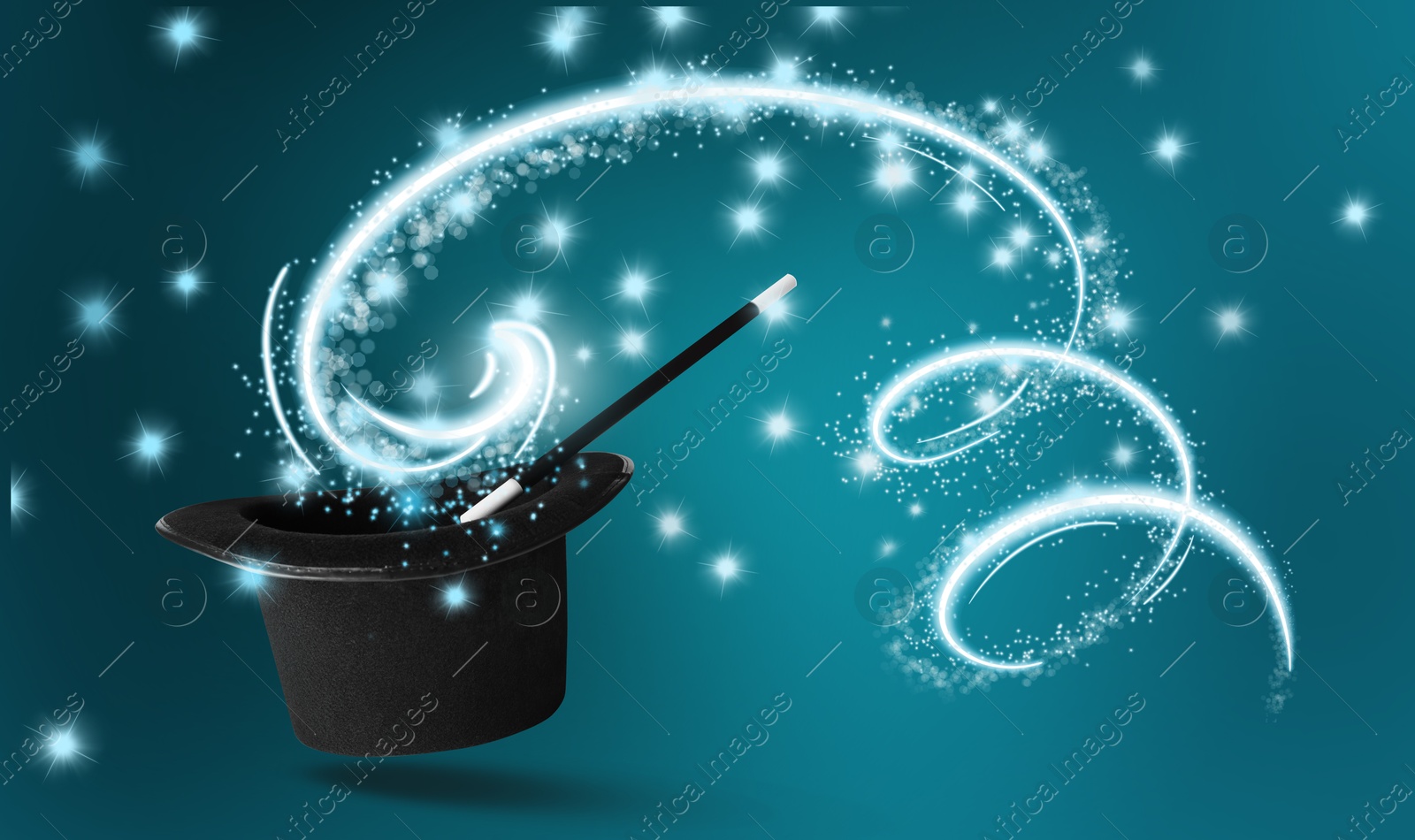 Image of Magician's hat and wand on light blue background, banner design. Magic trick