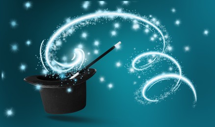 Image of Magician's hat and wand on light blue background, banner design. Magic trick