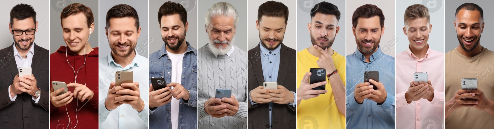 Image of Different men with mobile phones on color background, collage. Modern technology