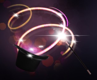 Image of Magician's hat and wand on dark background. Magic trick