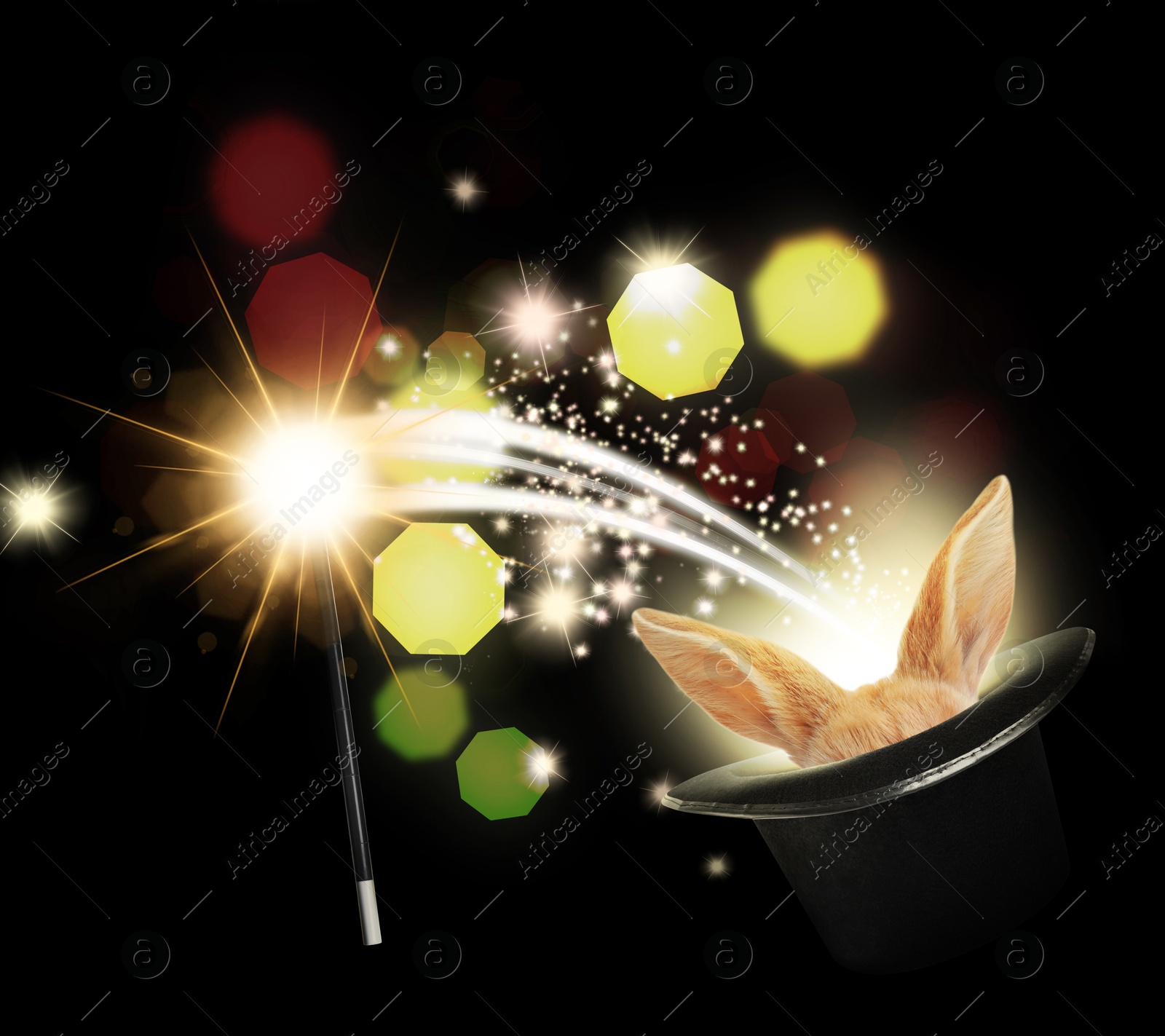 Image of Magic trick with wand. Bunny coming out of magician's hat on black background