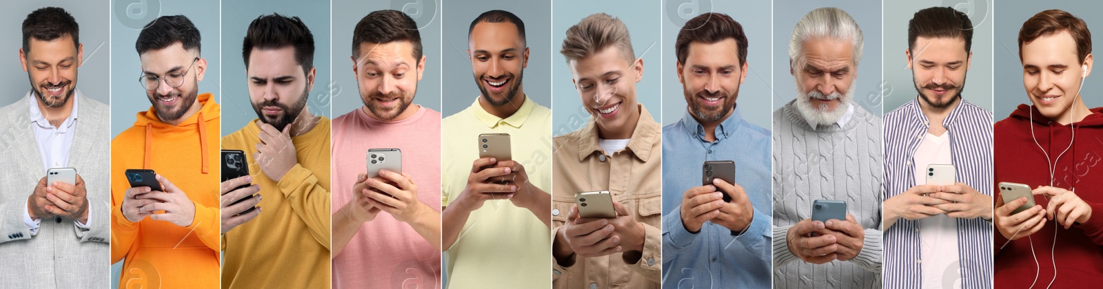 Image of Different men with mobile phones on color background, collage. Modern technology