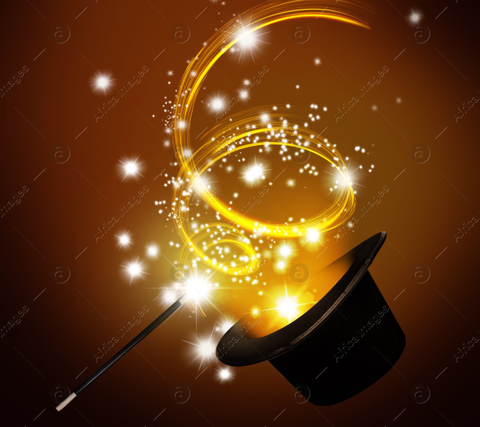 Image of Magician's hat and wand on orange background. Magic trick