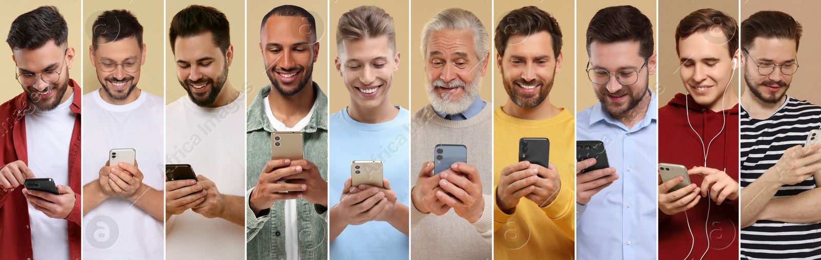 Image of Different men with mobile phones on color background, collage. Modern technology