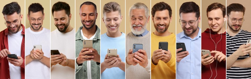 Image of Different men with mobile phones on color background, collage. Modern technology