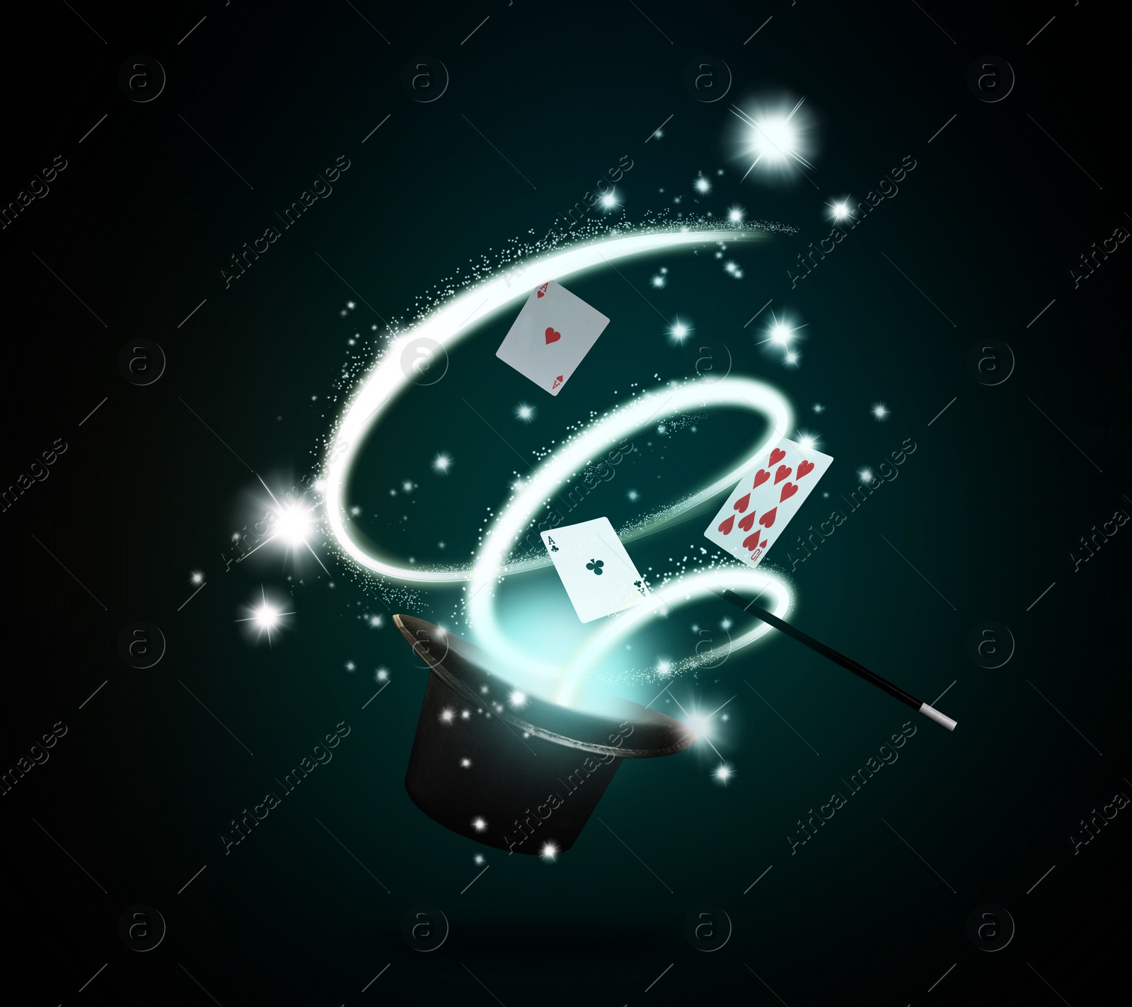 Image of Magician's hat and wand on dark background. Magic trick with playing cards