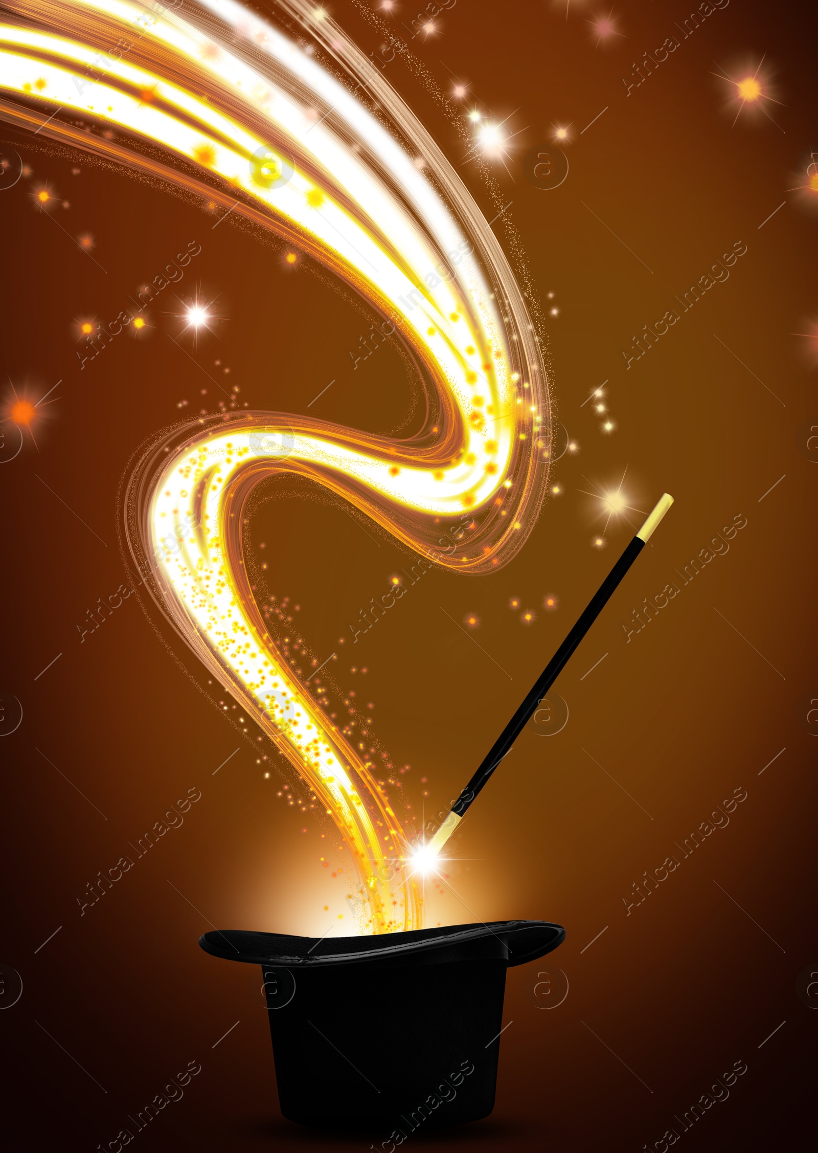 Image of Magician's hat and wand on orange background. Magic trick