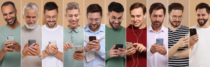 Image of Different men with mobile phones on color background, collage. Modern technology