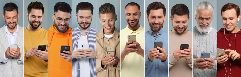 Image of Different men with mobile phones on color background, collage. Modern technology