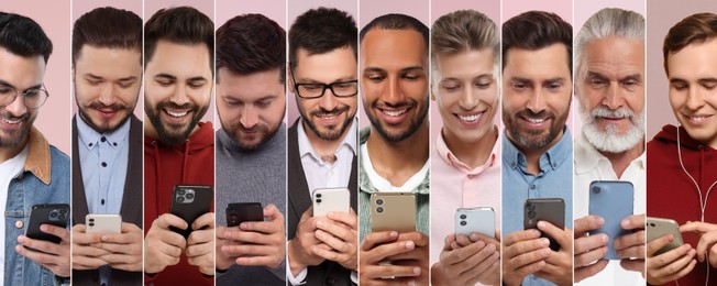 Image of Different men with mobile phones on color background, collage. Modern technology