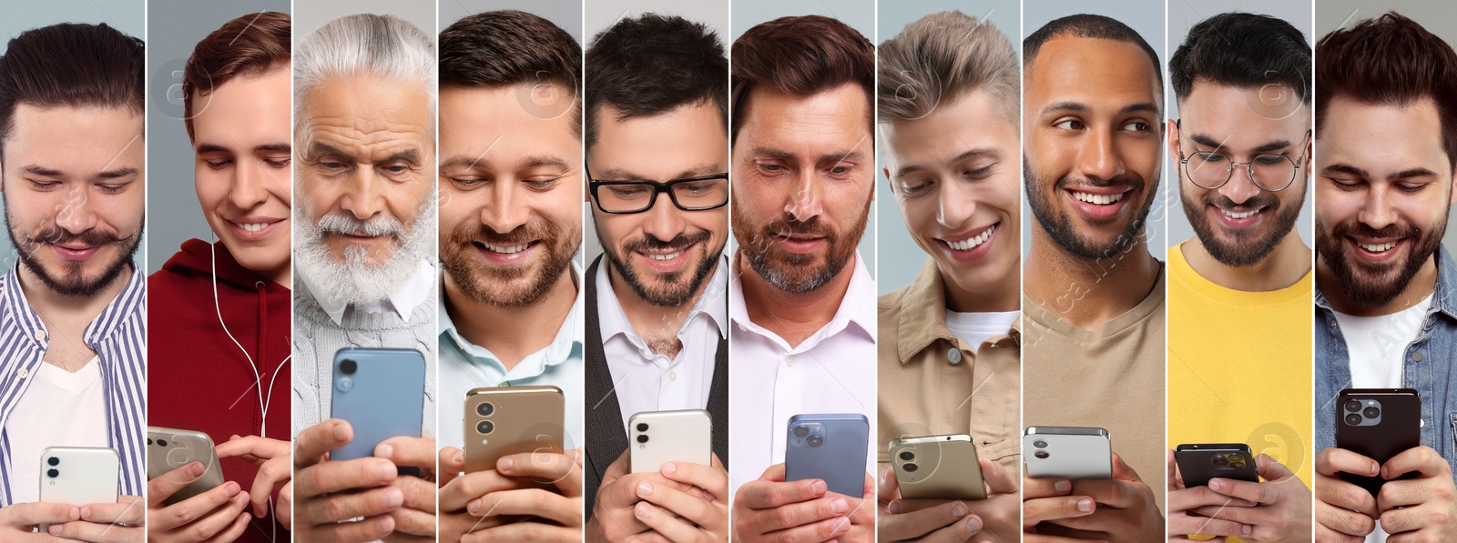 Image of Different men with mobile phones on color background, collage. Modern technology