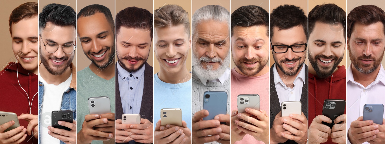 Image of Different men with mobile phones on color background, collage. Modern technology