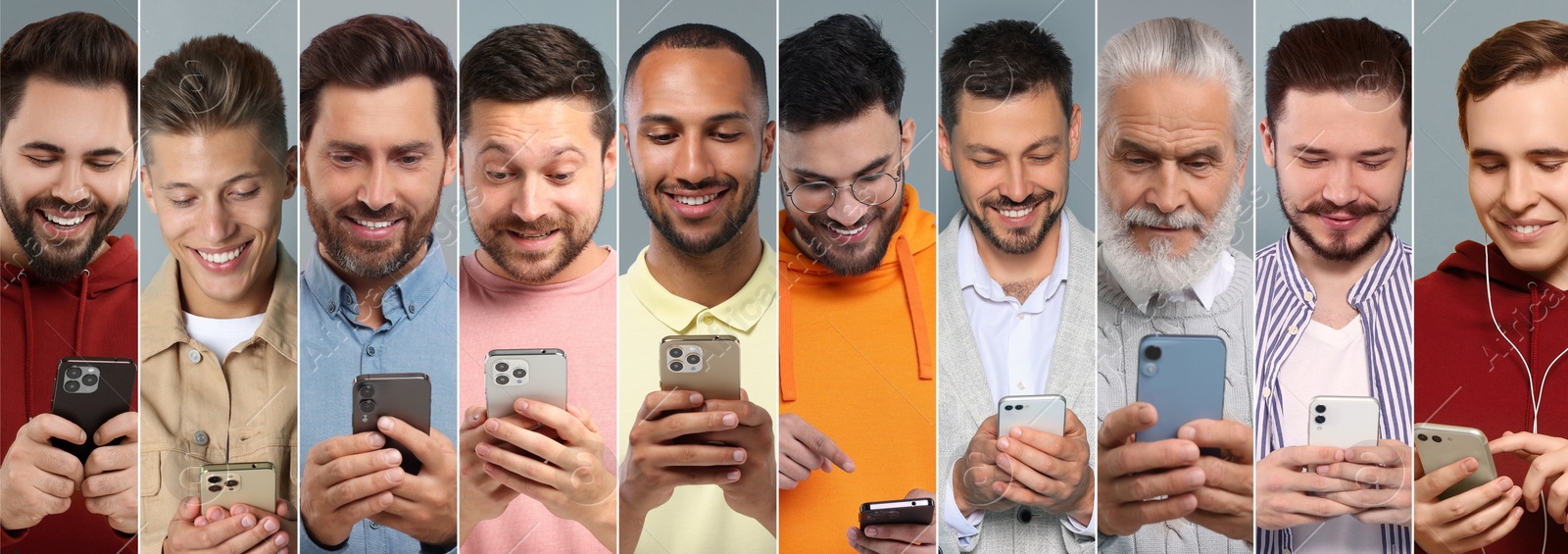 Image of Different men with mobile phones on color background, collage. Modern technology