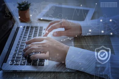 Image of Technology and business. Woman working on laptop at table and graphs with schemes, double exposure