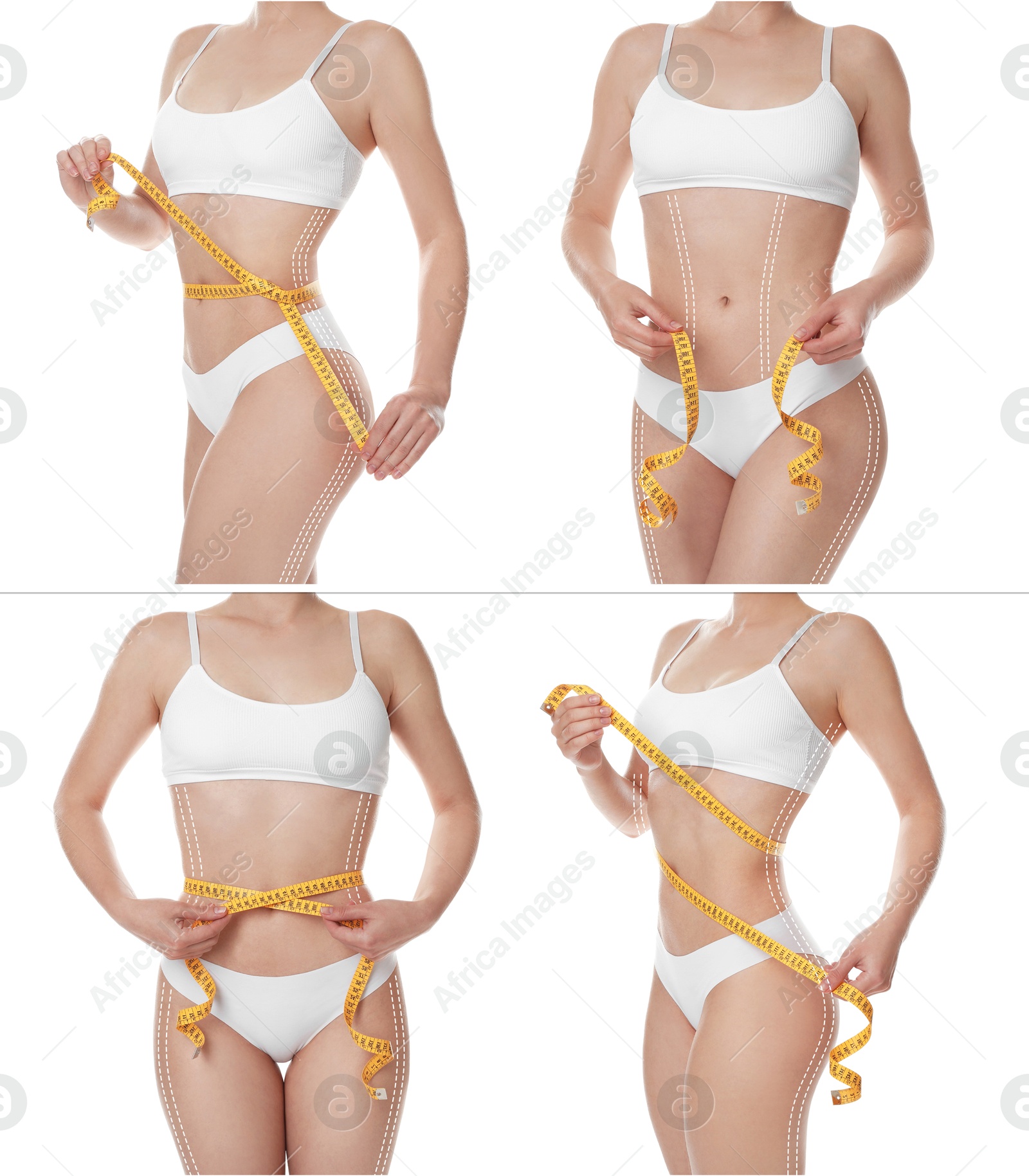 Image of Beautiful woman with perfect slim body posing on white background, collage. Lines on skin repeating figure