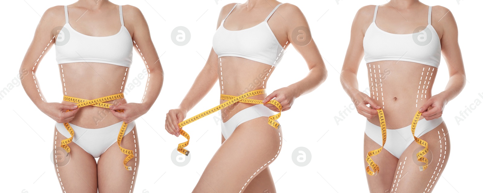 Image of Beautiful woman with perfect slim body posing on white background, collage. Lines on skin repeating figure