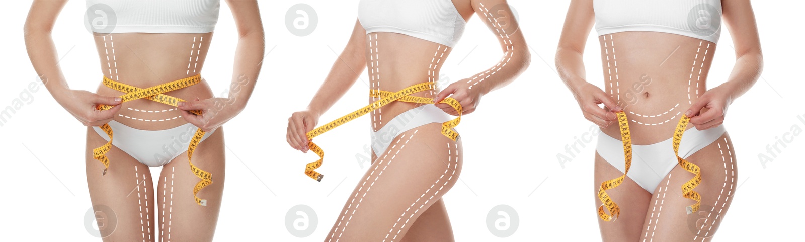 Image of Beautiful woman with perfect slim body posing on white background, collage. Lines on skin repeating figure