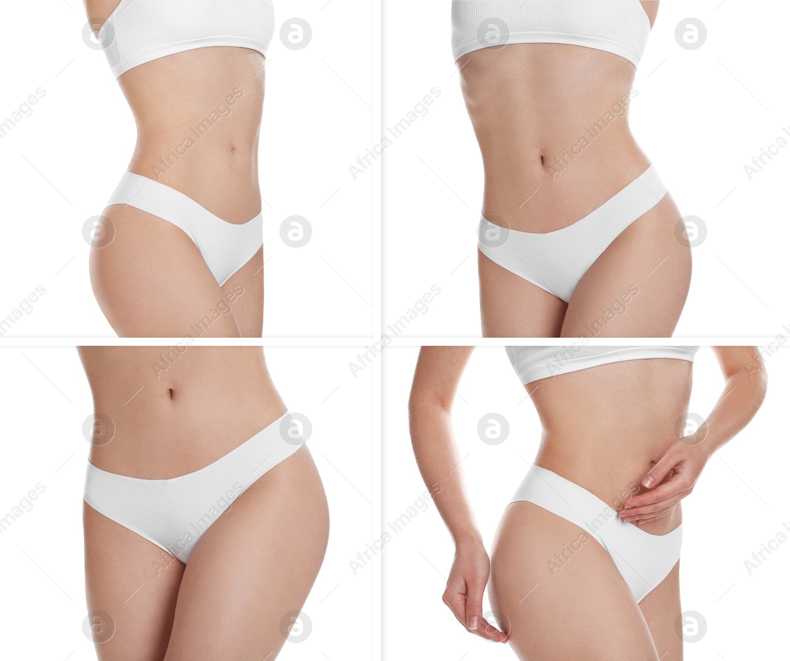 Image of Beautiful woman with perfect slim body posing on white background, collage