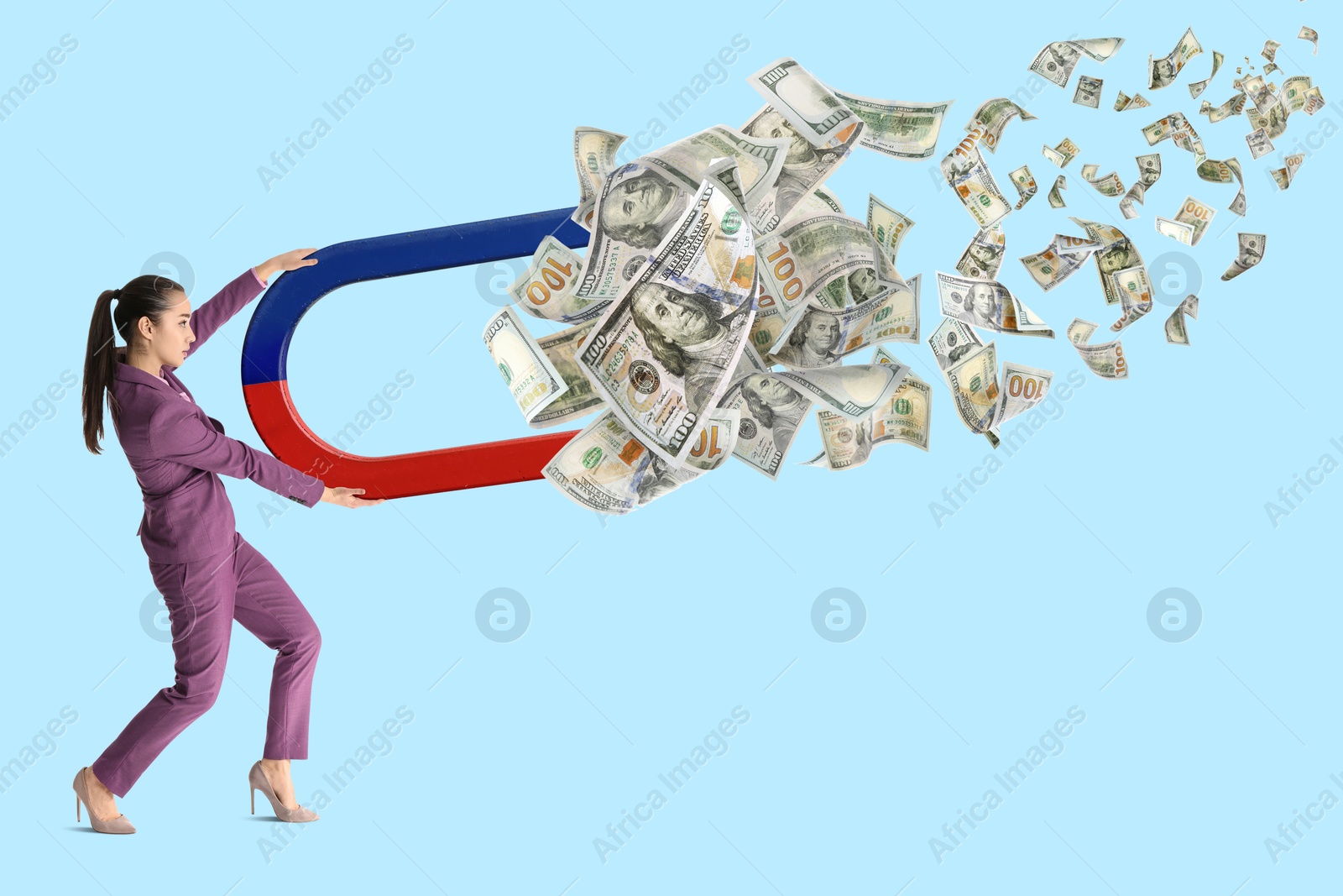 Image of Businesswoman attracting dollar bills with magnet on light blue background. Concept of money earning