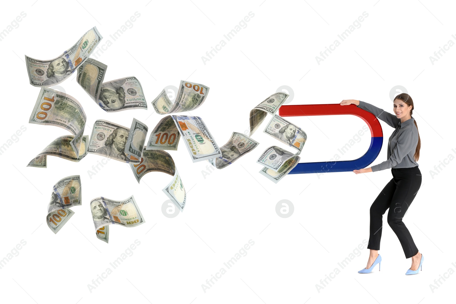 Image of Businesswoman attracting dollar bills with magnet on white background. Concept of money earning