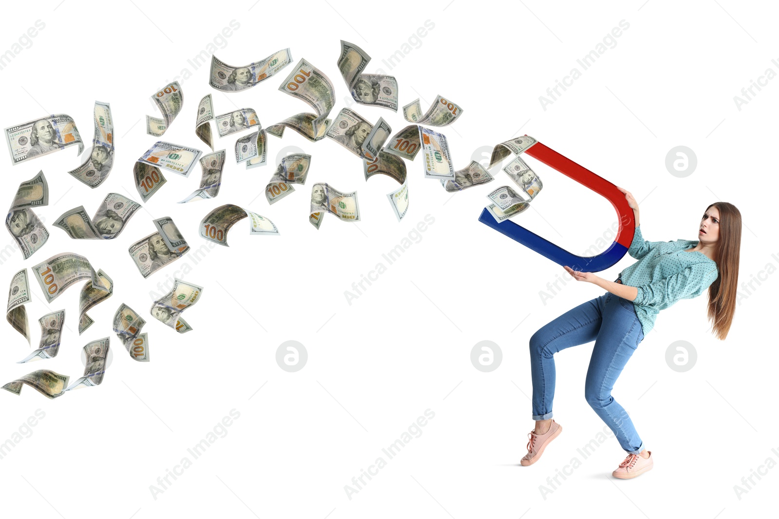 Image of Happy woman attracting dollar bills with magnet on white background. Concept of money earning